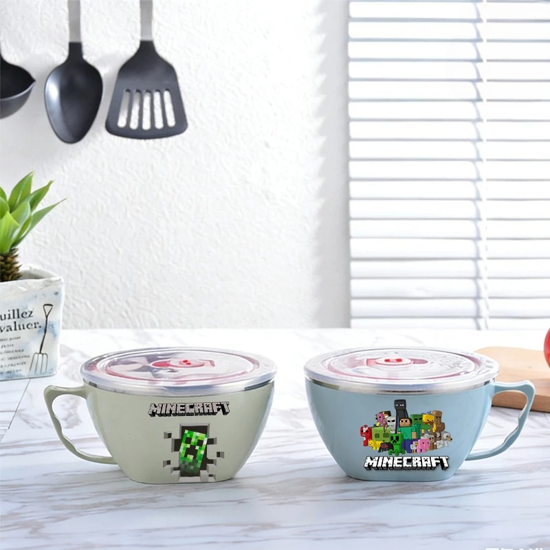 Food Storage Minecraft - ชามสแตนเลสลายเกมพิกเซล Minecrafted ชามกันความร้อนสองชั้น ชามบะหมี่กึ่งสำเร็จรูป ภาชนะเก็บอาหารพร้อมฝาปิด