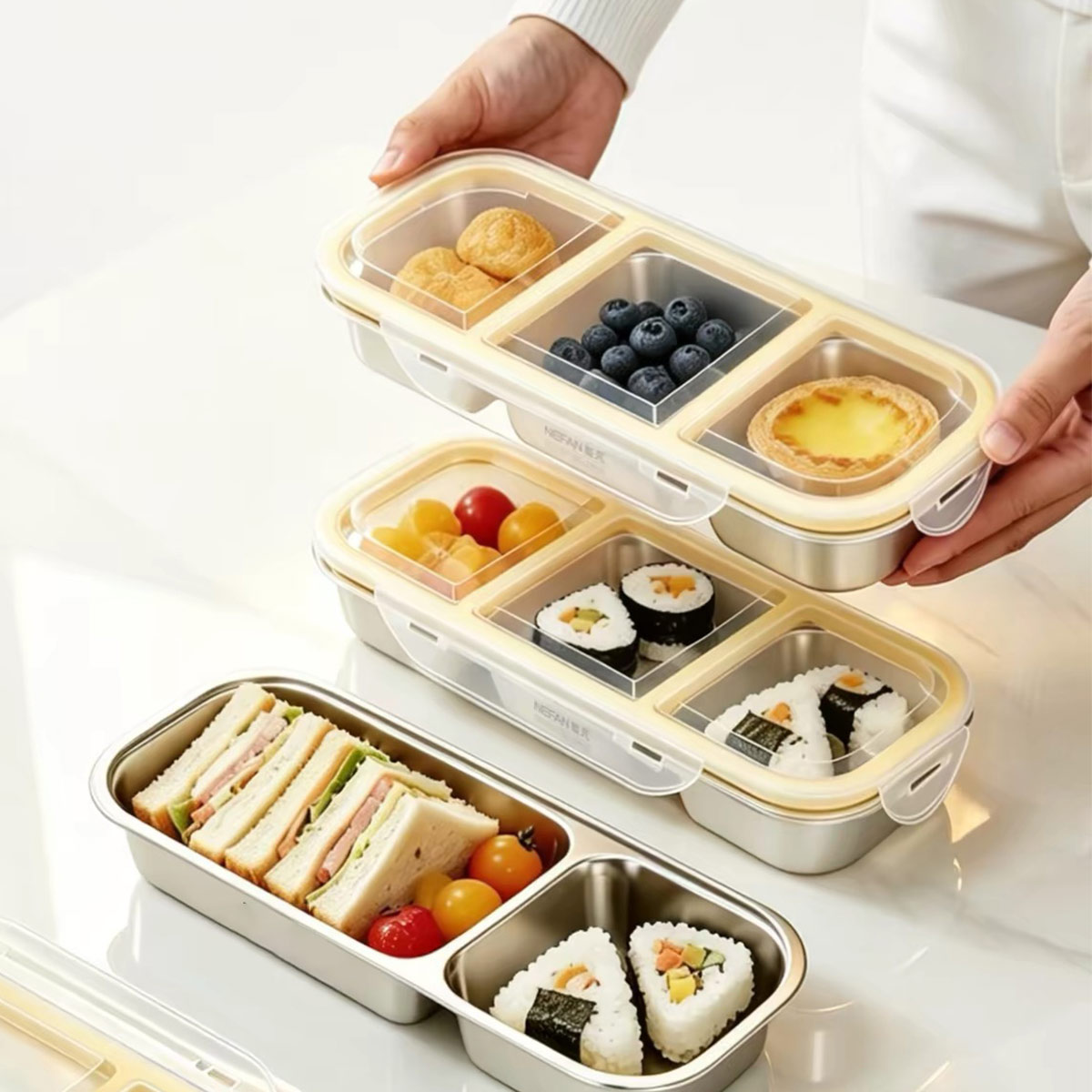 Food Storage Oven Safe - ภาชนะเก็บอาหารสแตนเลสพร้อมฝาปิด, กล่องอาหารกลางวันแบบปิดสนิทเกรดอาหาร, ภาชนะใส่อาหารแบบสามช่อง
