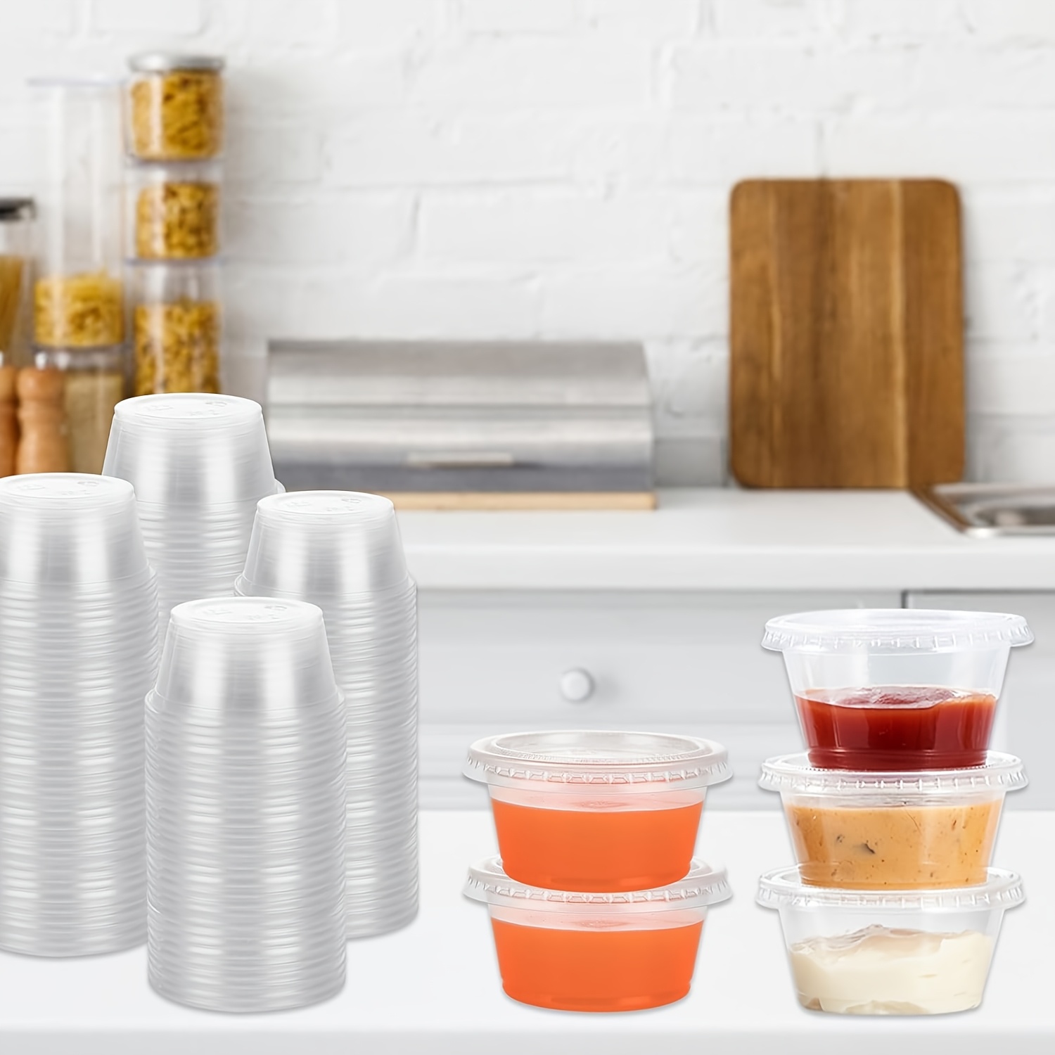 Food Storage Safety - กล่องซอสพลาสติกแบบใช้แล้วทิ้ง 50/100 ชิ้น พร้อมฝาปิด กล่องใส่ซอสพลาสติกใสขนาดเล็กพร้อมฝาปิด สำหรับครัว