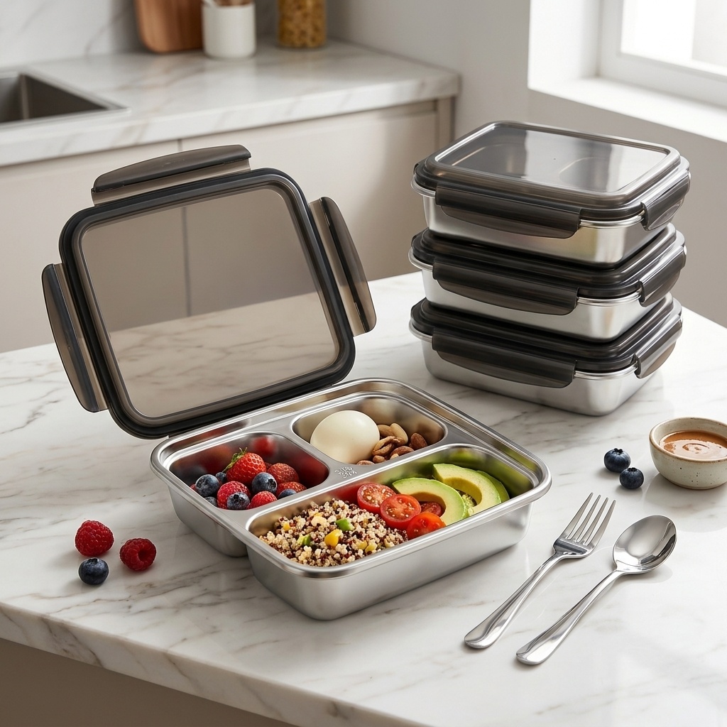 Food Storage Safety - กล่องอาหารกลางวันความจุขนาดใหญ่พร้อมฝาปิด ปลอดภัยสำหรับไมโครเวฟ ป้องกันการรั่วซึม ทำจากสแตนเลส 304 แบ่งช่องสำหรับเด็กและนักเรียน