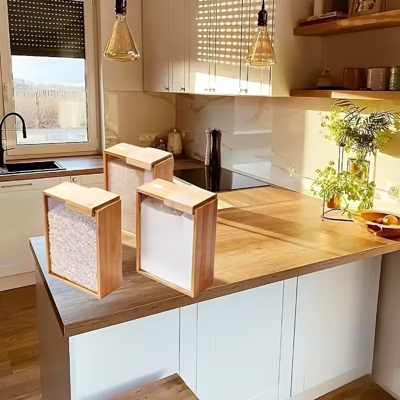 Stackable Pantry Bin - กล่องเก็บของไม้ไผ่ 3 ชิ้น พร้อมฝาปิดเลื่อนแบบสุญญากาศและหน้าต่าง - ขวดโหลขนาดใหญ่แบบซ้อนได้สำหรับเก็บธัญพืช