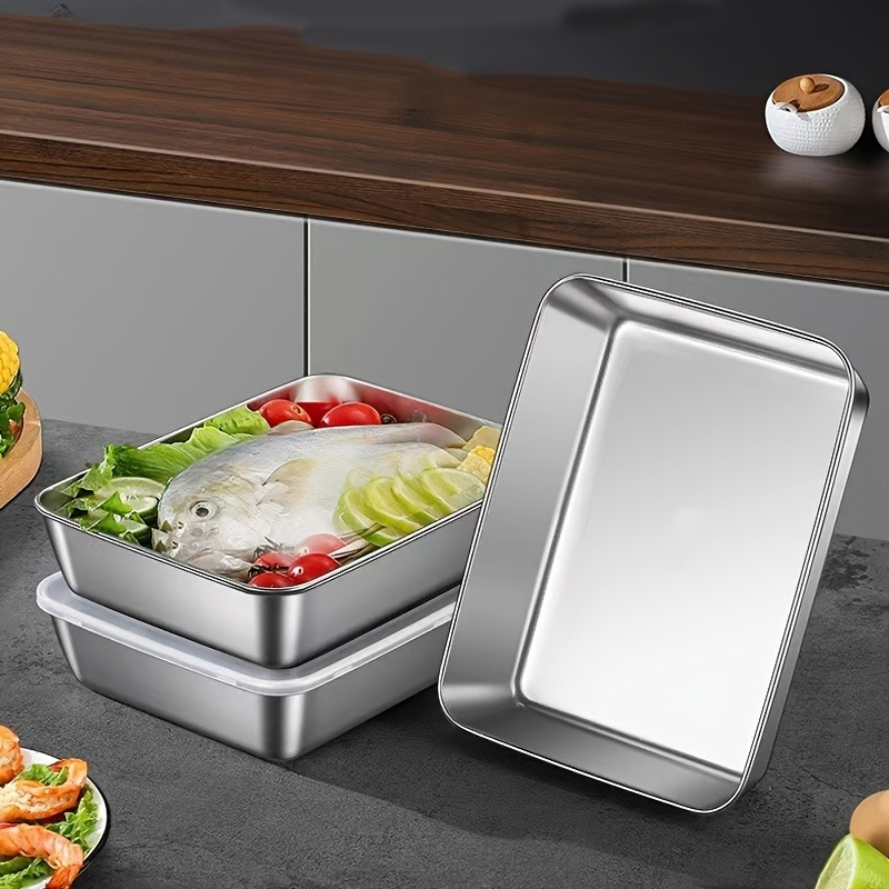Food Storage Containers With Lids - 3/6 ชิ้น กล่องเก็บอาหารสแตนเลสทรงสี่เหลี่ยมพร้อมฝาปิด กล่องอาหารกลางวันแบบหนา จานสี่เหลี่ยม ถาดใส่อาหาร