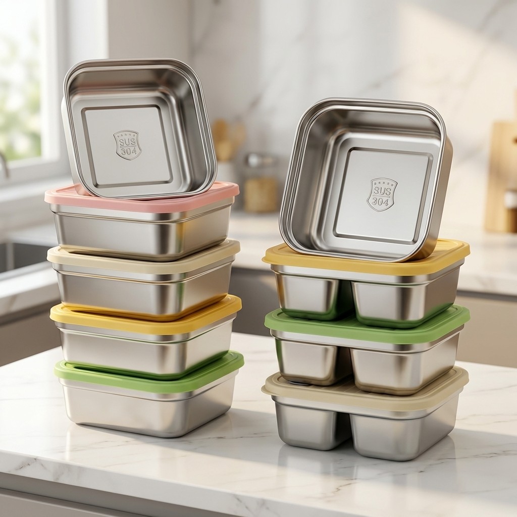 Food Storage Safety - ภาชนะเก็บผักผลไม้แบบวางซ้อนกันได้ ความจุขนาดใหญ่ 304 สแตนเลสสตีล ตู้เย็น กล่องเก็บความสดแบบปิดผนึก