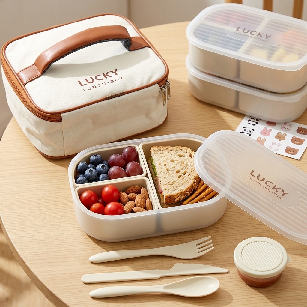 Food Storage Safety - กล่องข้าวพลาสติกแบบพกพาสำหรับเด็กนักเรียน แบ่งช่องได้ 3 ช่อง กล่องเบนโตะสำหรับโรงเรียน ปิกนิก