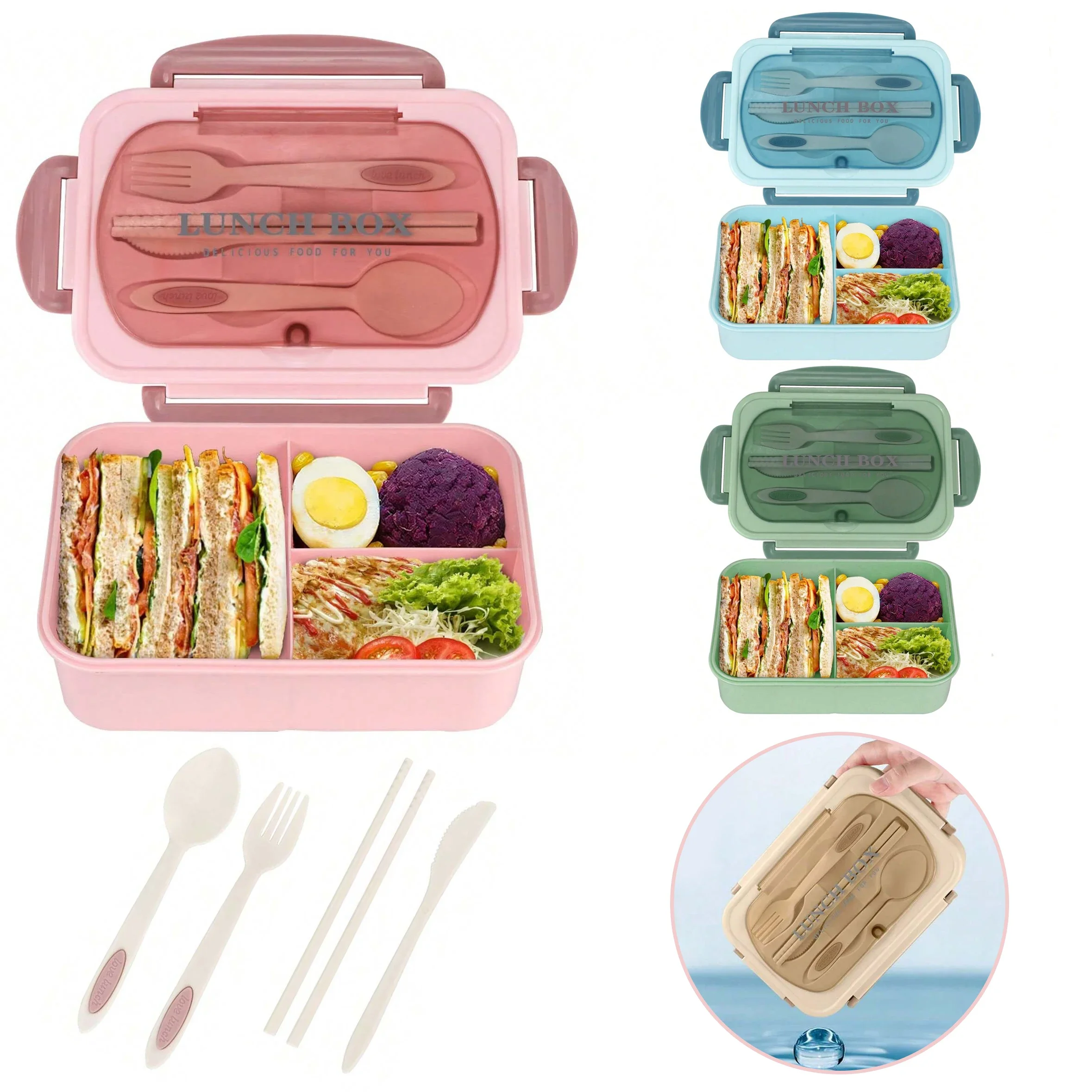 Food Storage Safety - กล่องเบนโตะสำหรับผู้ใหญ่ 3 ช่อง กล่องใส่อาหารกลางวันสำหรับผู้ชาย ผู้หญิง พกพาสะดวก