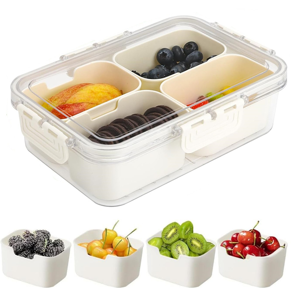 Food Storage Oven Safe - กล่องเก็บอาหารแบบพกพา, กล่องเก็บขนม, 4 ช่องพร้อมฝาปิด, ถาดแยกสำหรับเสิร์ฟ, กล่องขนมสำหรับครัว,