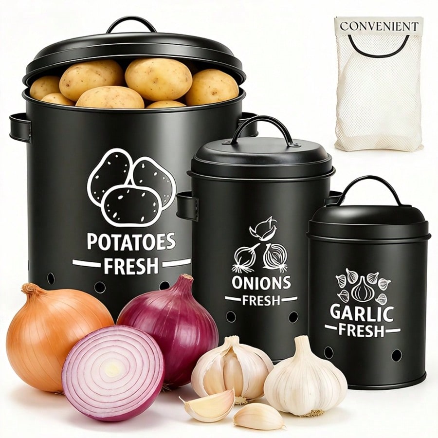 Food Storage For Room - ชุดกล่องเก็บมันฝรั่ง หัวหอม กระเทียม สไตล์ฟาร์มเฮาส์ สีดำแบบเรียบง่าย 3