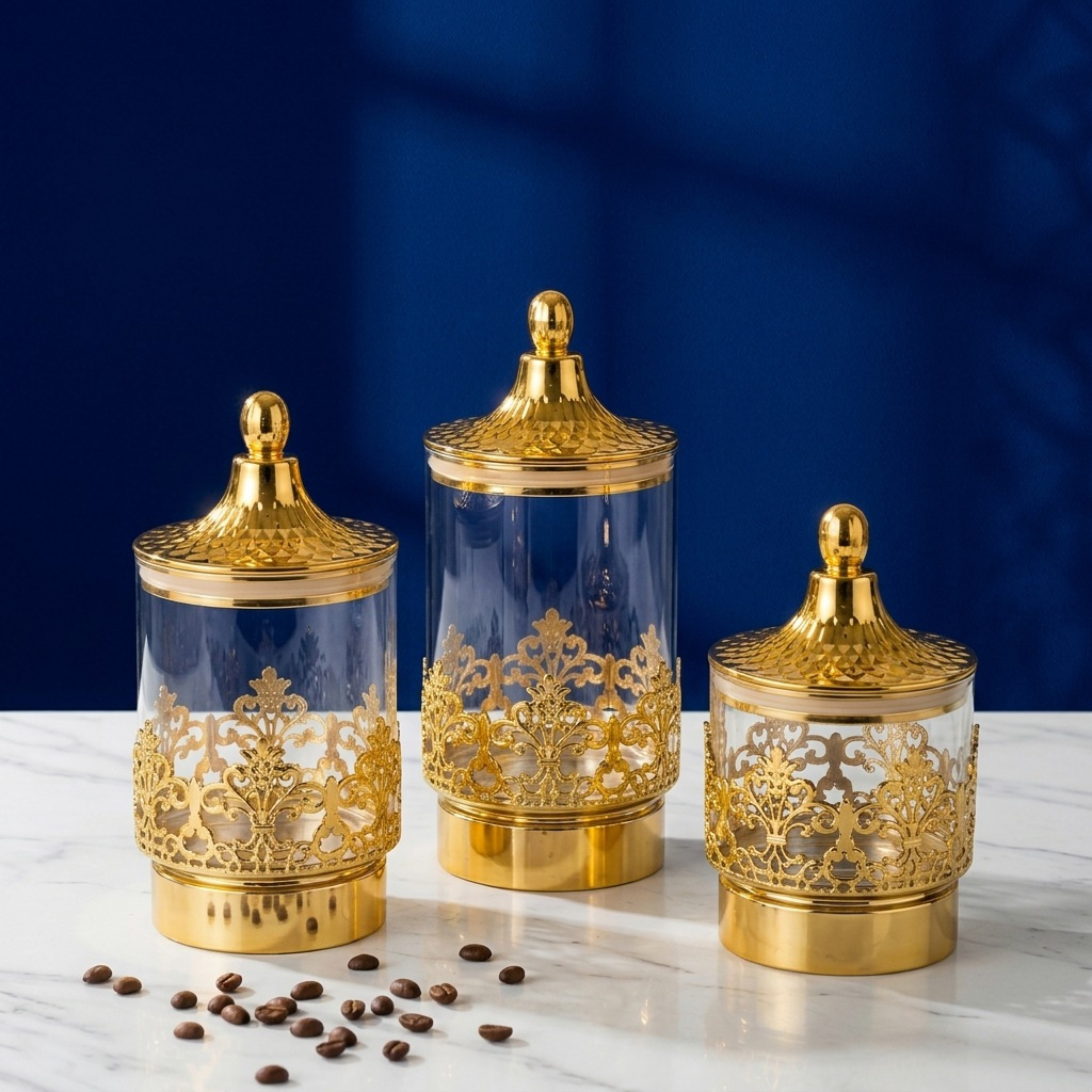Food Storage For Room - กระป๋องเก็บของแบบหมุนได้เคลือบทองโปร่งใสสไตล์ยุโรป สำหรับเก็บขนม ชา ของแห้ง ใช้ตกแต่งห้องครัว ห้องนั่งเล่น