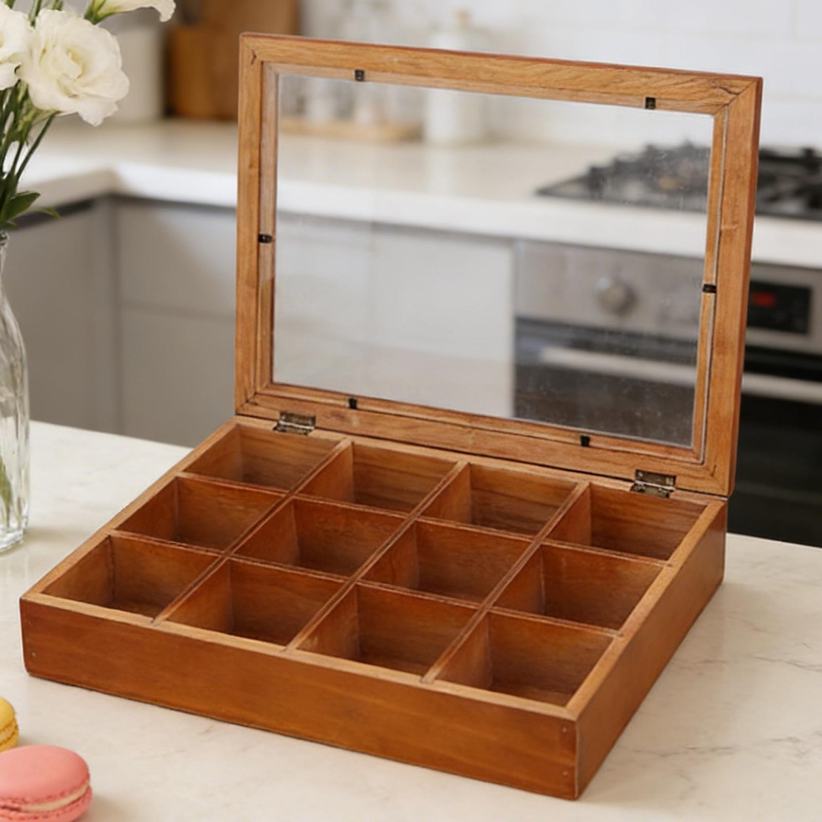 Stackable Pantry Bin - กล่องเก็บถุงชา 12 ช่อง กล่องไม้จัดระเบียบชาพร้อมฝาใส สำหรับบ้าน ห้องครัว