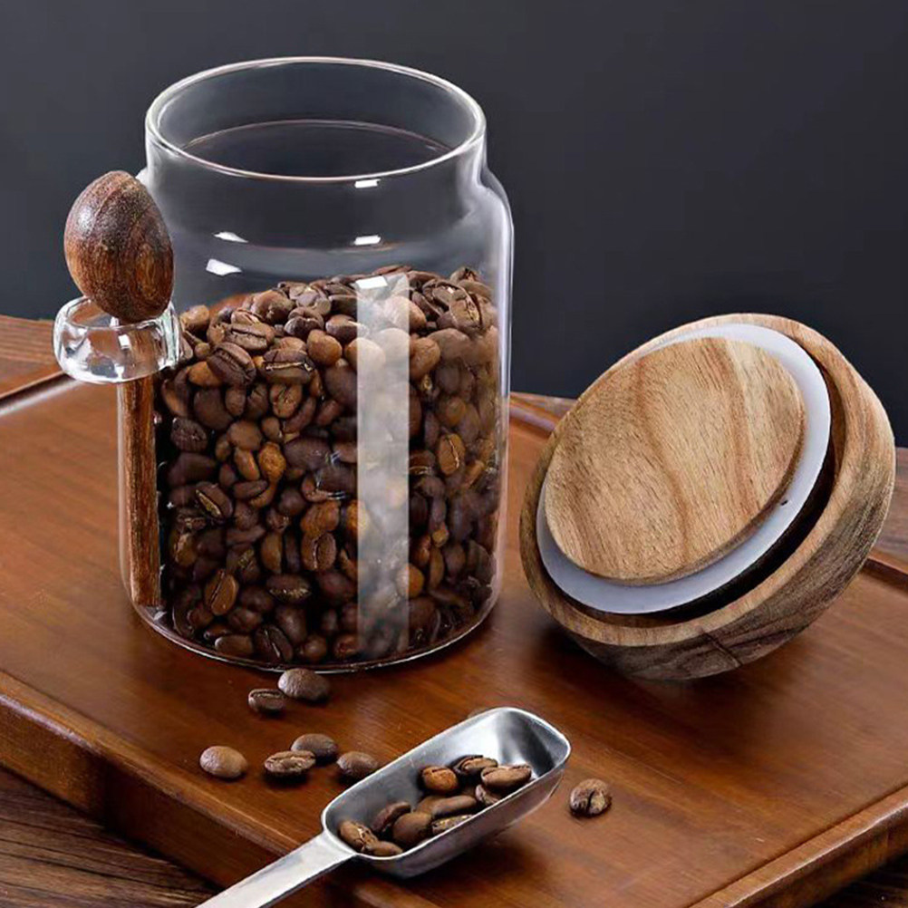 Food Storage Containers With Lids - โถเก็บอาหารแก้วใสพร้อมฝาไม้ปิดสนิท ภาชนะใส่กาแฟ โถใส่ชา โถเก็บธัญพืช สำหรับห้องครัว