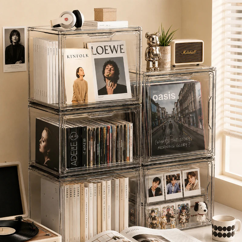 Stackable Pantry Bin - กล่องเก็บของใส ออแกไนเซอร์ ชั้นวางหนังสือ อัลบั้มซีดี ตู้โชว์กันฝุ่นสำหรับตั้งโต๊ะ กล่องอะคริลิกสำหรับโชว์ฟิกเกอร์