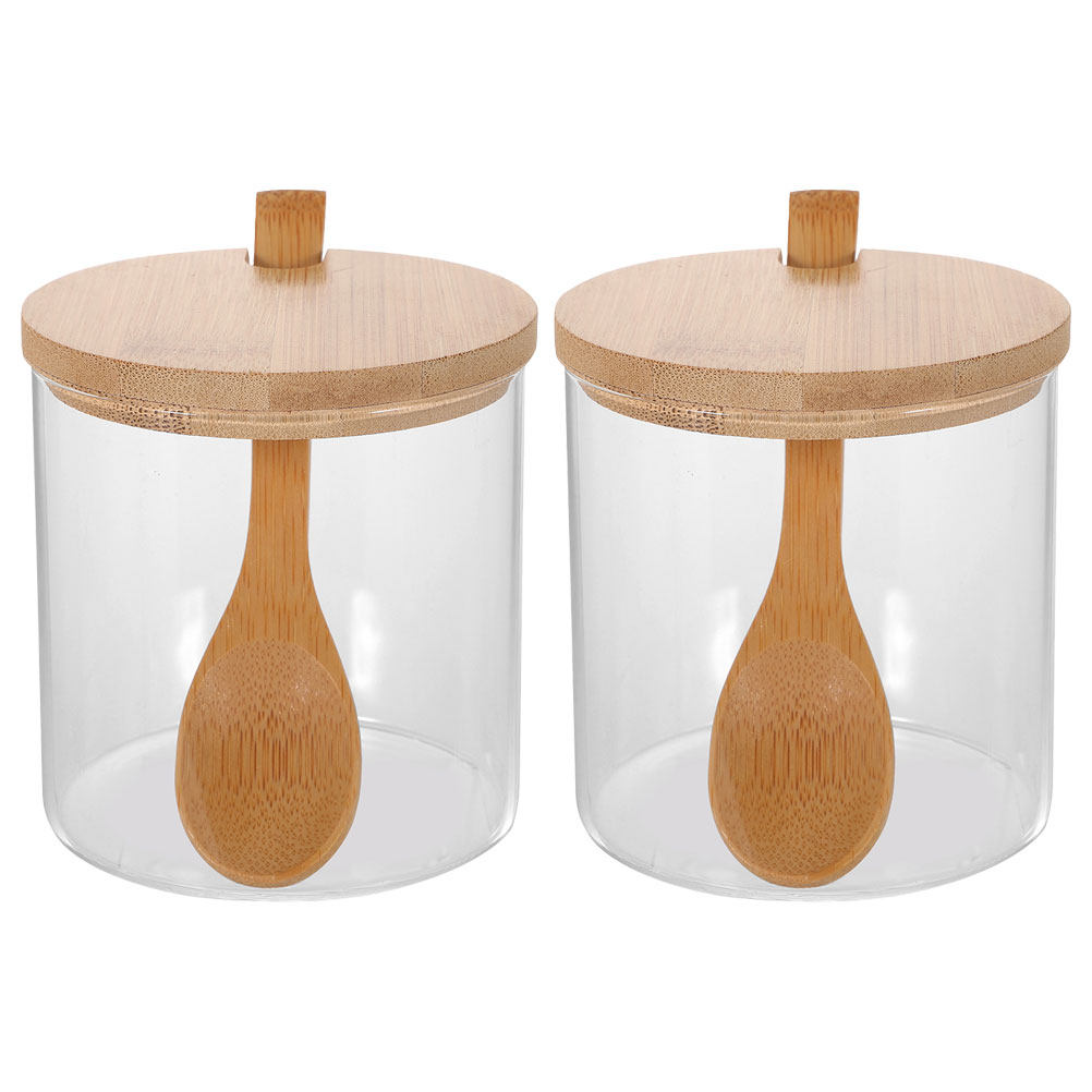 Food Storage Containers With Lids - ชุดภาชนะแก้วใสสำหรับใส่เครื่องปรุง 2 ชุด พร้อมฝาไม้ไผ่และช้อน ภาชนะเก็บเกลือ น้ำตาล
