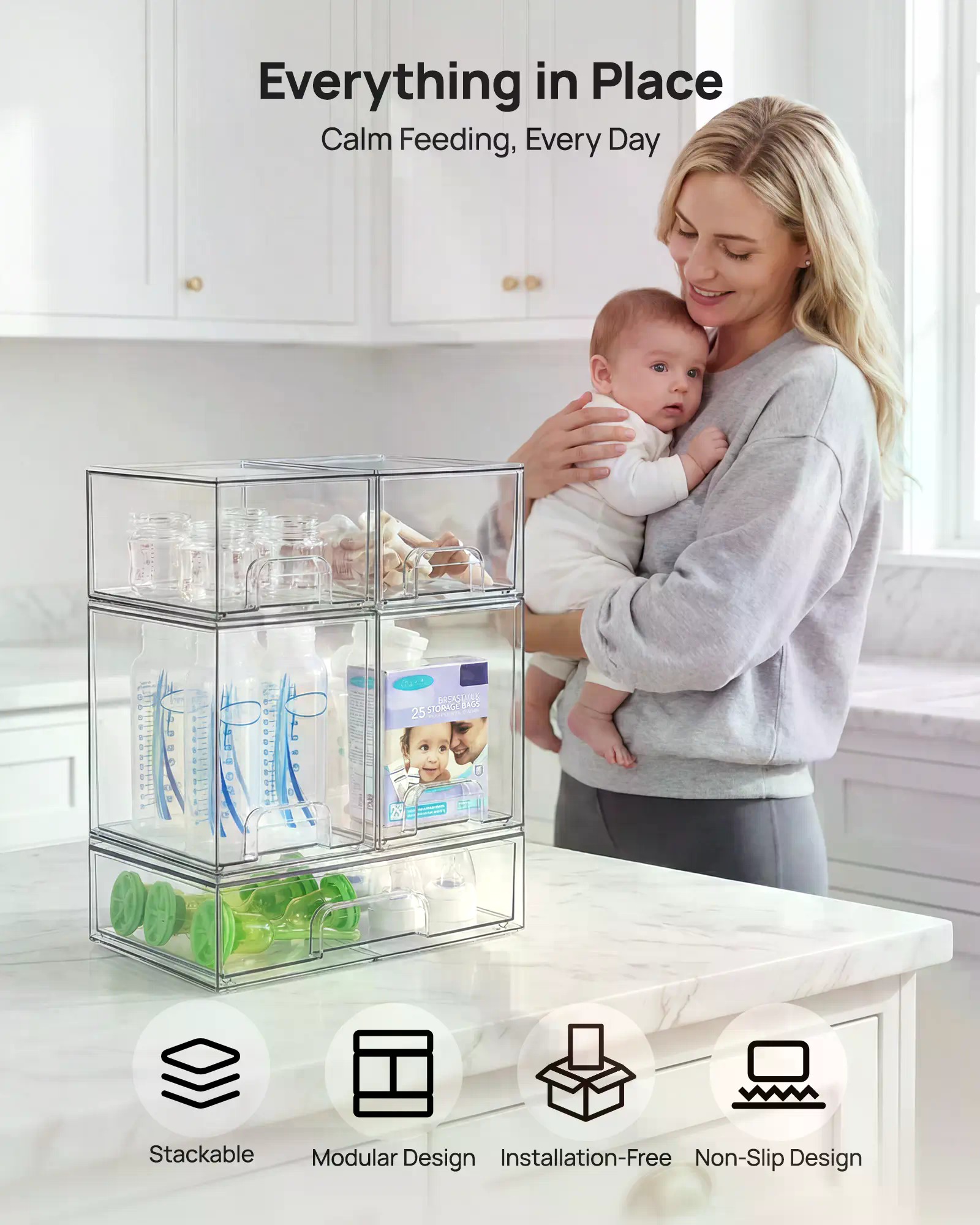 ชุด 5/8 ชิ้น กล่องจัดเก็บขวดนม - Stackable Pantry Bin บทวิจารณ์และราคา